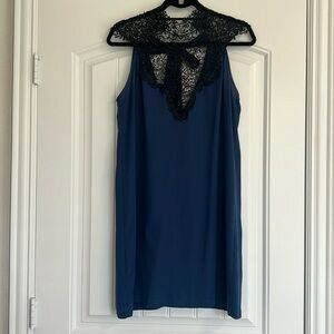 Navy shift cocktail dress with black lace